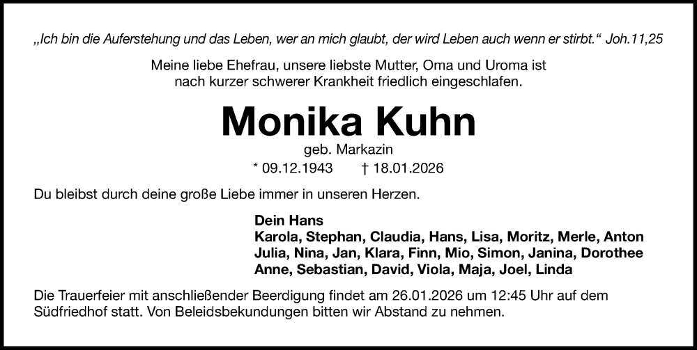  Traueranzeige für Monika Kuhn vom 24.01.2026 aus Gesamtausgabe Nürnberger Nachrichten/ Nürnberger Ztg.