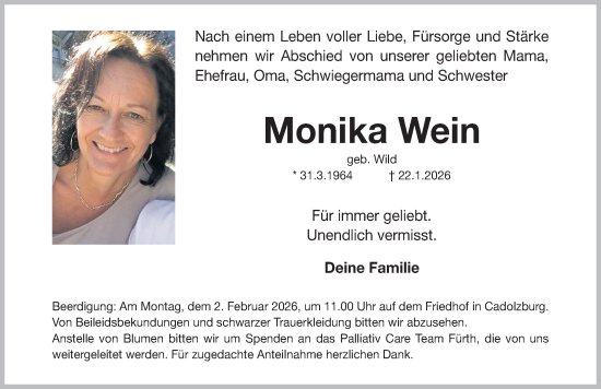 Traueranzeige von Monika Wein von Fürther Nachrichten Lokal