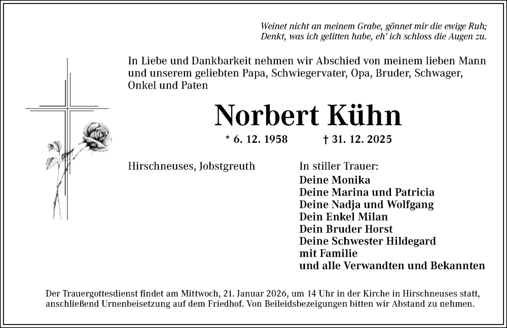  Traueranzeige für Norbert Kühn vom 17.01.2026 aus Fürther Nachrichten Lokal