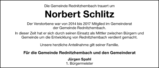 Traueranzeige von Norbert Schlitz von Schwabacher Tagblatt Lokal