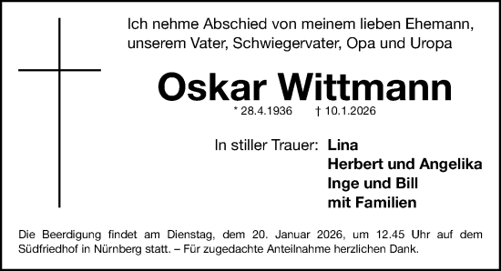Traueranzeige von Oskar Wittmann von Fürther Nachrichten Lokal