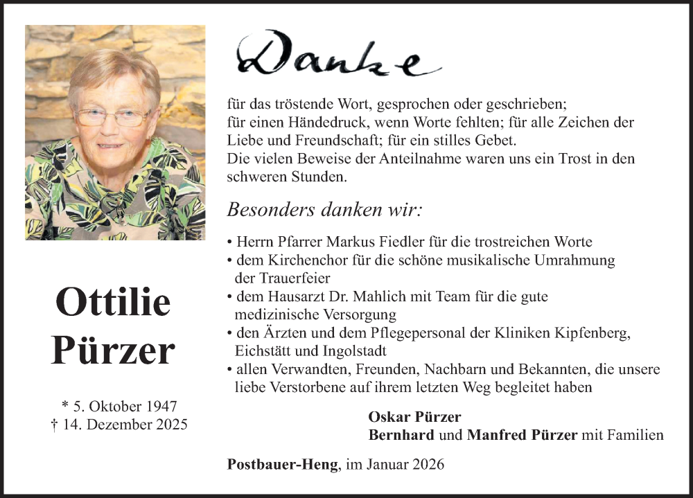  Traueranzeige für Ottilie Pürzer vom 10.01.2026 aus Neumarkter Nachrichten Lokal