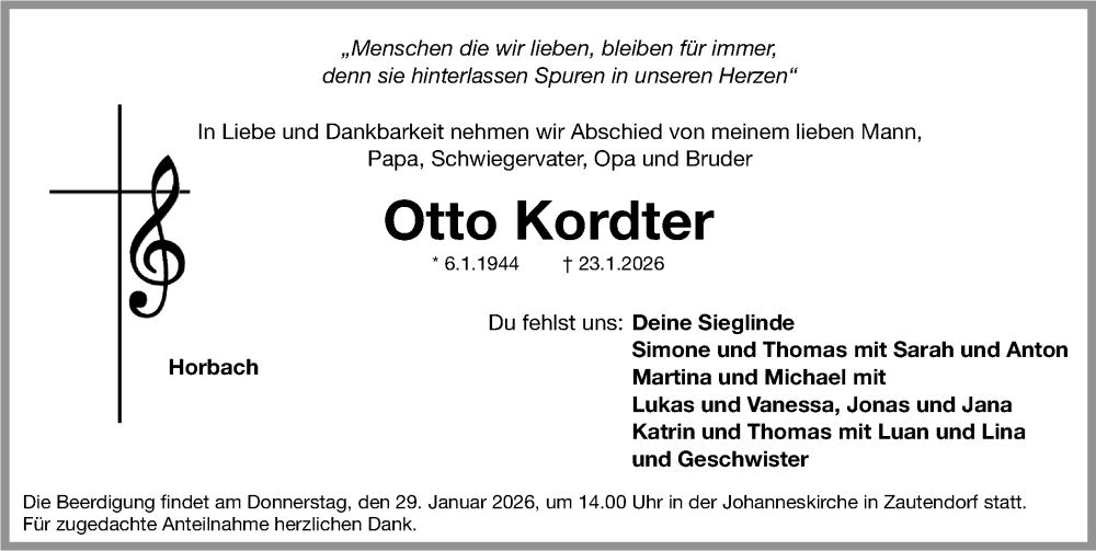  Traueranzeige für Otto Kordter vom 28.01.2026 aus Fürther Nachrichten Lokal