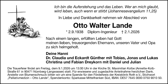Traueranzeige von Otto Walter Lande von Gesamtausgabe Nürnberger Nachrichten/ Nürnberger Ztg.