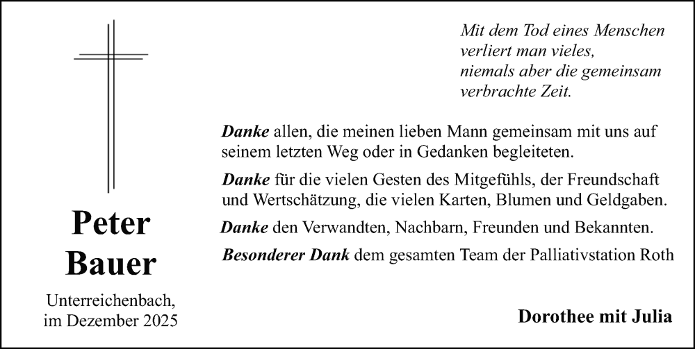  Traueranzeige für Peter Bauer vom 31.01.2026 aus Schwabacher Tagblatt Lokal