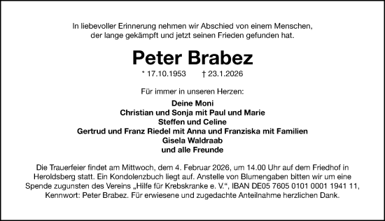 Traueranzeige von Peter Brabez von Gesamtausgabe Nürnberger Nachrichten/ Nürnberger Ztg.