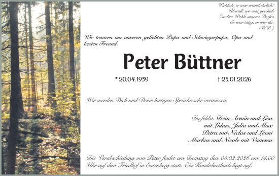 Traueranzeige von Peter Büttner von Gesamtausgabe Nürnberger Nachrichten/ Nürnberger Ztg.