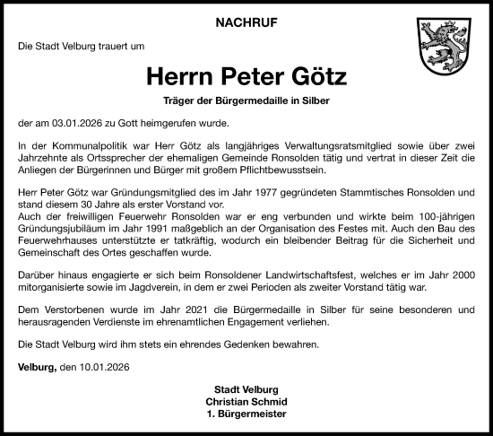 Traueranzeige von Peter Götz von Neumarkter Nachrichten Lokal