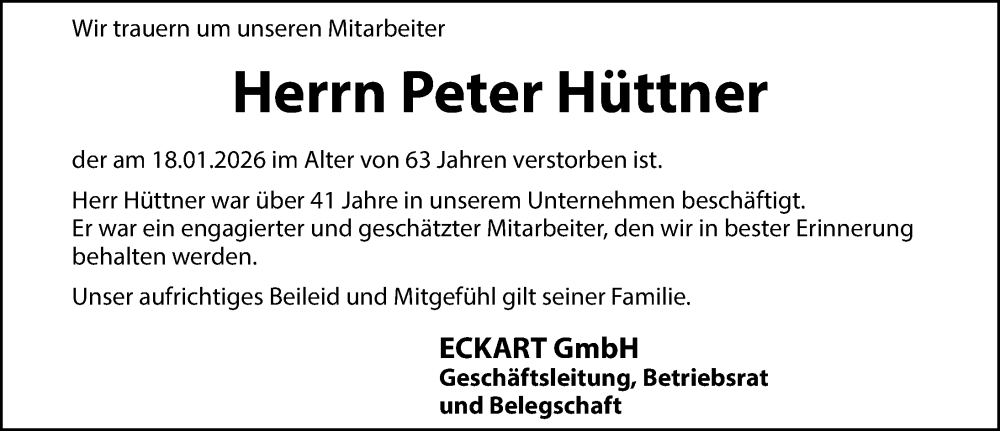  Traueranzeige für Peter Hüttner vom 24.01.2026 aus HPE,HHZ