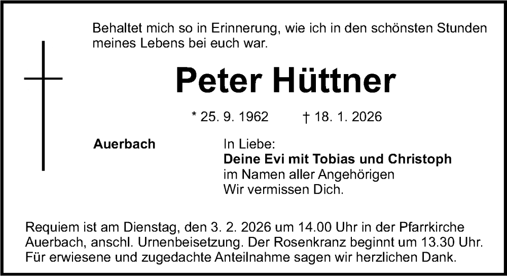  Traueranzeige für Peter Hüttner vom 24.01.2026 aus Nordbayerische Nachrichten Pegnitz Lokal