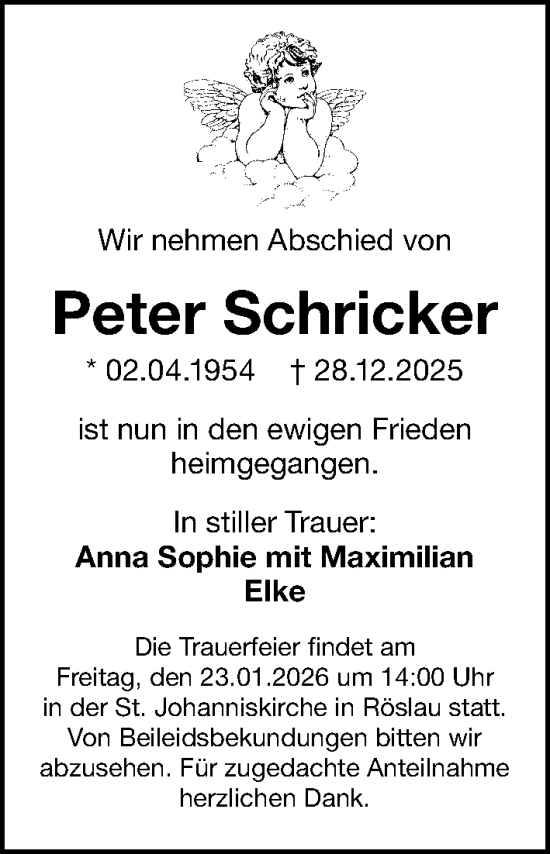 Traueranzeige von Peter Schricker von Gesamtausgabe Nürnberger Nachrichten/ Nürnberger Ztg.