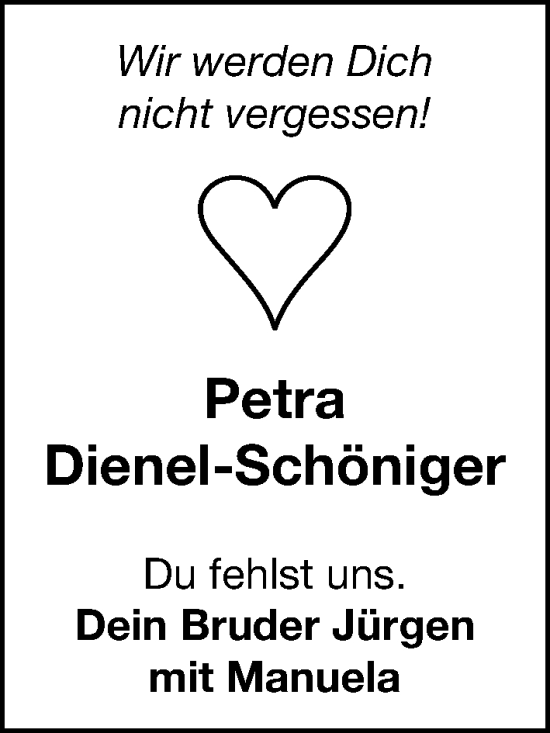 Traueranzeige von Petra Dienel-Schöniger von Gesamtausgabe Nürnberger Nachrichten/ Nürnberger Ztg.