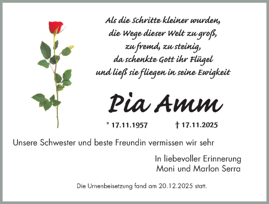 Traueranzeige von Pia Amm von Gesamtausgabe Nürnberger Nachrichten/ Nürnberger Ztg.
