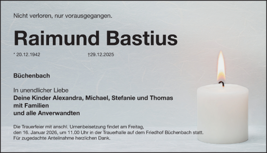 Traueranzeige von Raimund Bastius von Roth-Hilpoltsteiner Volkszeitung Lokal