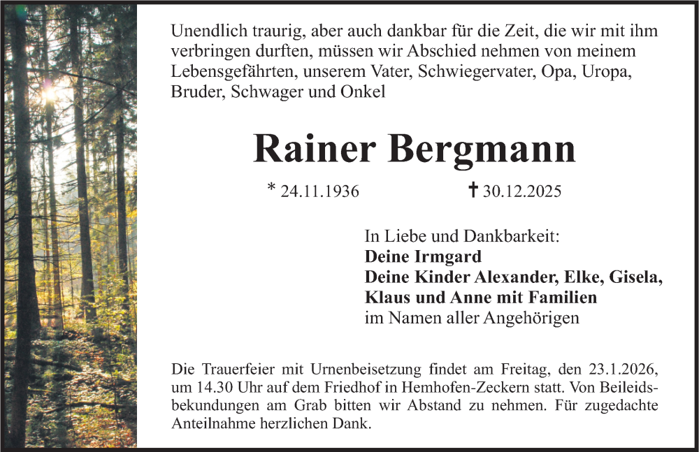 Traueranzeige für Rainer Bergmann vom 17.01.2026 aus Nordbayerische Nachrichten Herzogenaurach Lokal