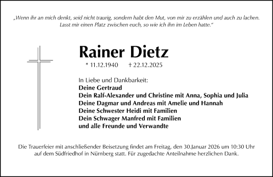 Traueranzeige von Rainer Dietz von Gesamtausgabe Nürnberger Nachrichten/ Nürnberger Ztg.