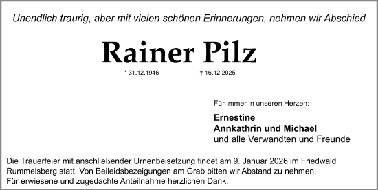 Traueranzeige von Rainer Pilz von Gesamtausgabe Nürnberger Nachrichten/ Nürnberger Ztg.