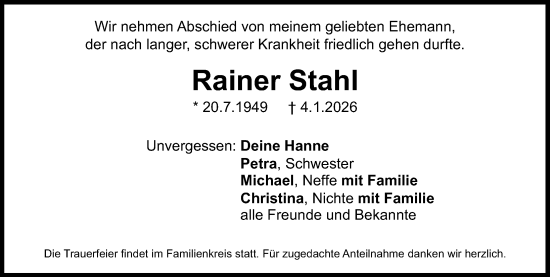 Traueranzeige von Rainer Stahl von Gesamtausgabe Nürnberger Nachrichten/ Nürnberger Ztg./ Schwabach