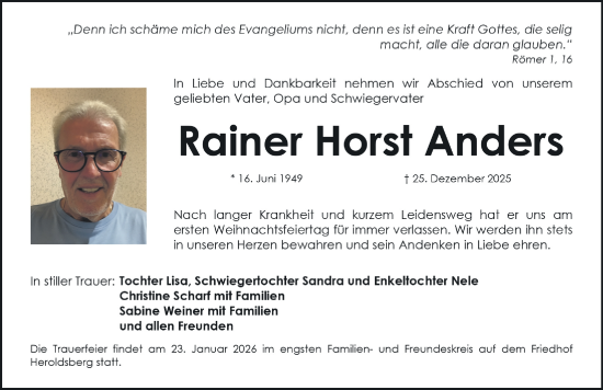 Traueranzeige von Rainer Horst Anders von Gesamtausgabe Nürnberger Nachrichten/ Nürnberger Ztg.