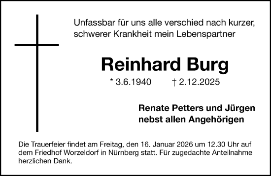 Traueranzeige von Reinhard Burg von Gesamtausgabe Nürnberger Nachrichten/ Nürnberger Ztg.