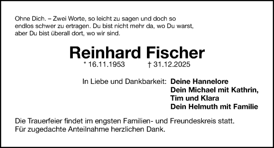 Traueranzeige von Reinhard Fischer von Gesamtausgabe Nürnberger Nachrichten/ Nürnberger Ztg.