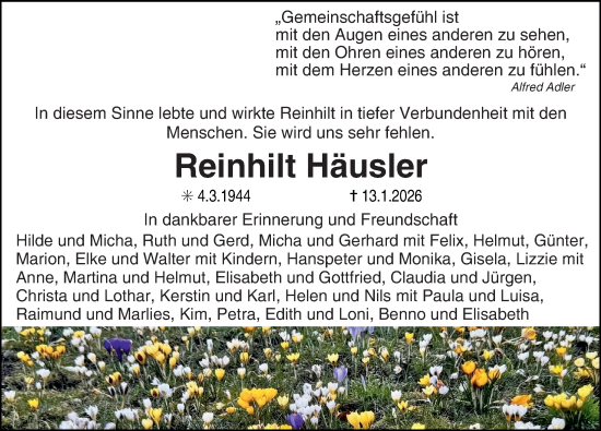 Traueranzeige von Reinhilt Häusler von Erlanger Nachrichten Lokal