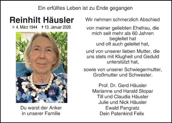 Traueranzeige von Reinhilt Häusler von Erlanger Nachrichten Lokal