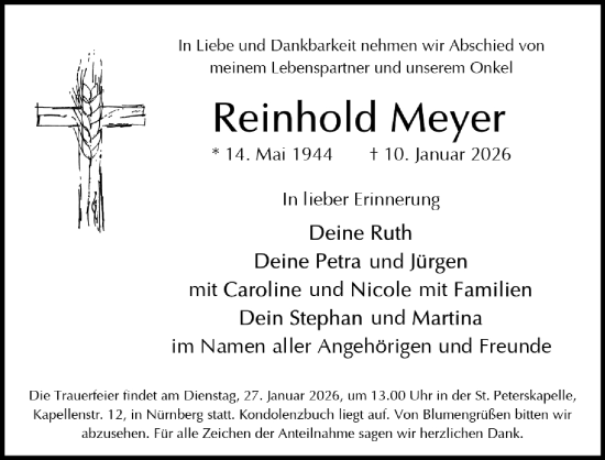 Traueranzeige von Reinhold Meyer von Gesamtausgabe Nürnberger Nachrichten/ Nürnberger Ztg.