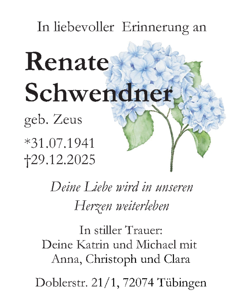  Traueranzeige für Renate Schwendner vom 10.01.2026 aus Gesamtausgabe Nürnberger Nachrichten/ Nürnberger Ztg.