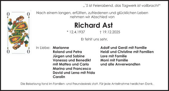 Traueranzeige von Richard Ast von Schwabacher Tagblatt Lokal