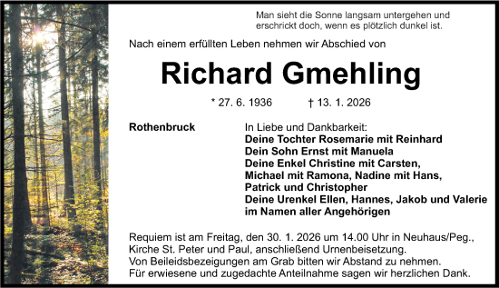 Traueranzeige von Richard Gmehling von Nordbayerische Nachrichten Pegnitz Lokal