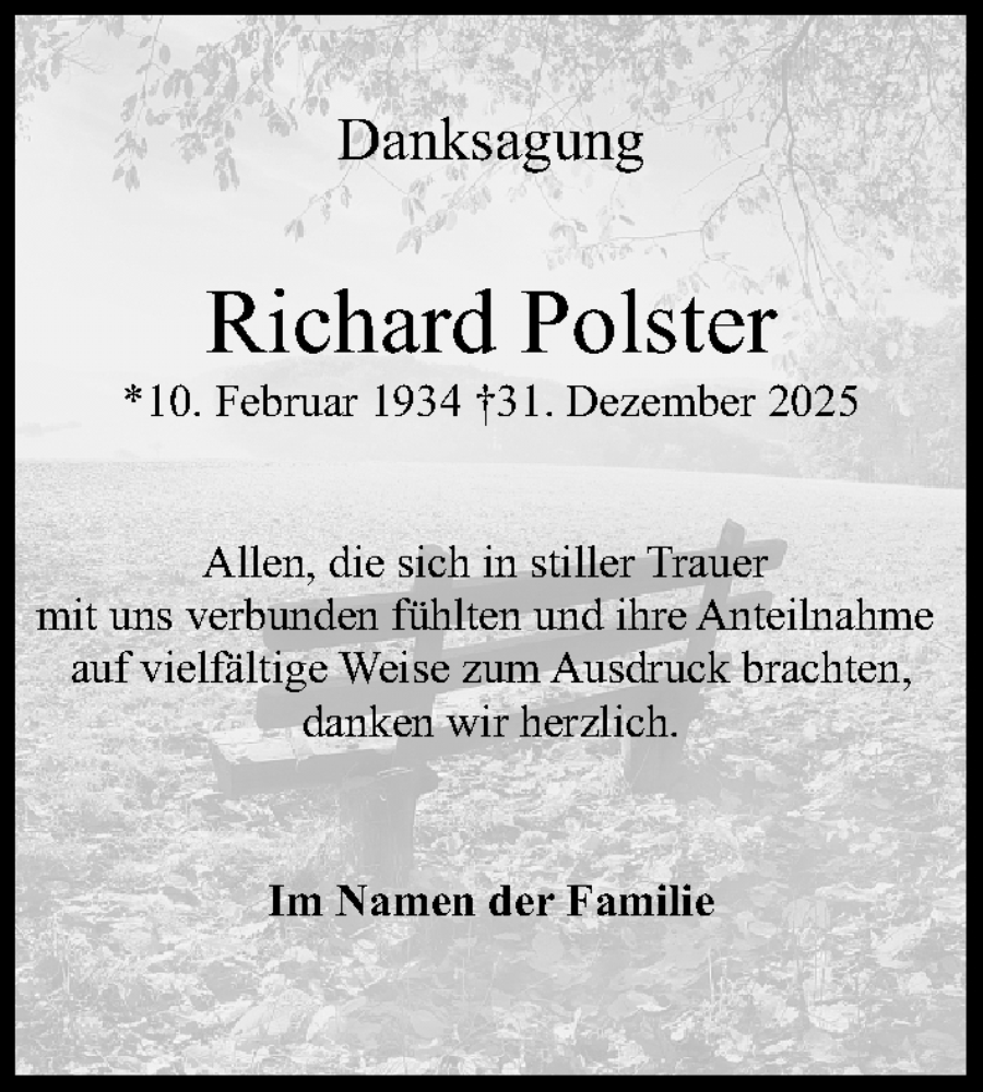  Traueranzeige für Richard Polster vom 17.01.2026 aus Gesamtausgabe Nürnberger Nachrichten/ Nürnberger Ztg.
