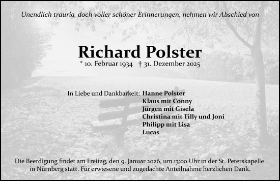 Traueranzeige von Richard Polster von Gesamtausgabe Nürnberger Nachrichten/ Nürnberger Ztg.