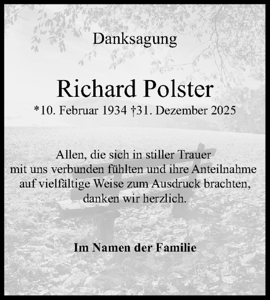 Traueranzeige von Richard Polster von Gesamtausgabe Nürnberger Nachrichten/ Nürnberger Ztg.
