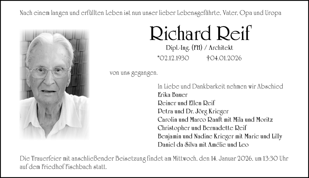  Traueranzeige für Richard Reif vom 10.01.2026 aus Gesamtausgabe Nürnberger Nachrichten/ Nürnberger Ztg.