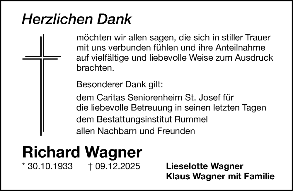  Traueranzeige für Richard Wagner vom 10.01.2026 aus Gesamtausgabe Nürnberger Nachrichten/ Nürnberger Ztg.