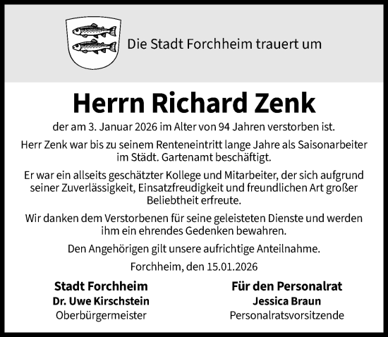 Traueranzeige von Richard Zenk von Nordbayerische Nachrichten Forchheim Lokal