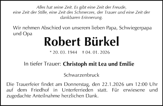 Traueranzeige von Robert Bürkel von Gesamtausgabe Nürnberger Nachrichten/ Nürnberger Ztg.
