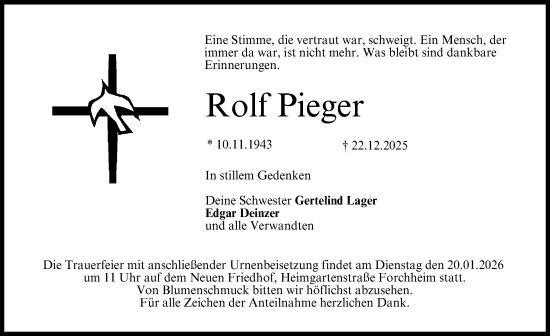 Traueranzeige von Rolf Pieger von Erlanger Nachrichten Lokal