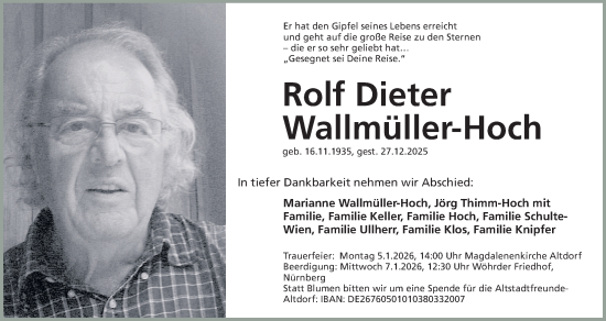 Traueranzeige von Rolf Dieter Wallmüller-Hoch von Gesamtausgabe Nürnberger Nachrichten/ Nürnberger Ztg.