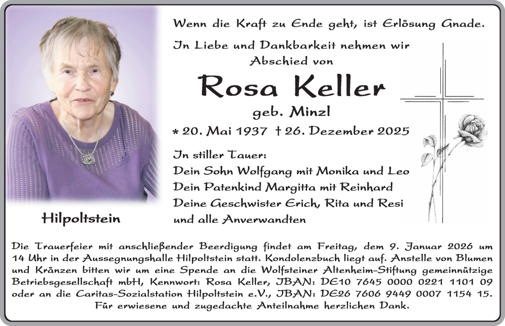  Traueranzeige für Rosa Keller vom 03.01.2026 aus Roth-Hilpoltsteiner Volkszeitung Lokal