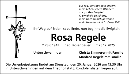 Traueranzeige von Rosa Regele von Altmühl-Bote Lokal