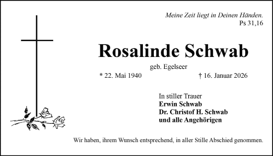 Traueranzeige von Rosalinde Schwab von Gesamtausgabe Nürnberger Nachrichten/ Nürnberger Ztg.