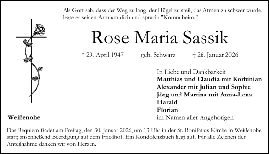 Traueranzeige von Rose Maria Sassik von Nordbayerische Nachrichten Forchheim Lokal
