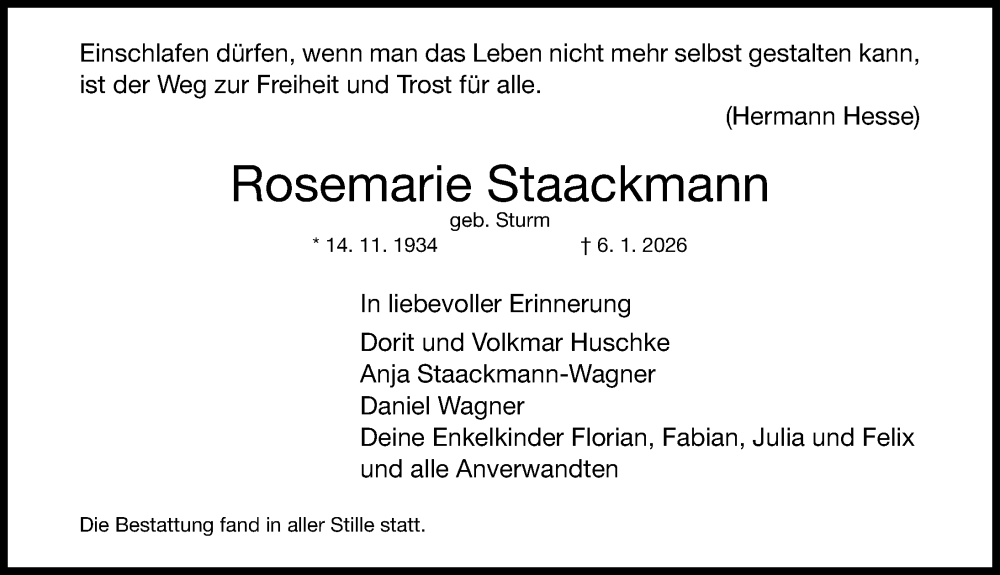  Traueranzeige für Rosemarie Staackmann vom 17.01.2026 aus Fürther Nachrichten Lokal