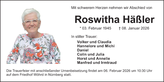 Traueranzeige von Roswitha Häßler von Gesamtausgabe Nürnberger Nachrichten/ Nürnberger Ztg.