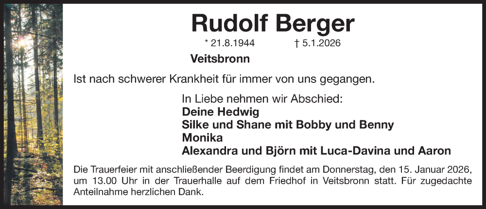  Traueranzeige für Rudolf Berger vom 10.01.2026 aus Fürther Nachrichten Lokal