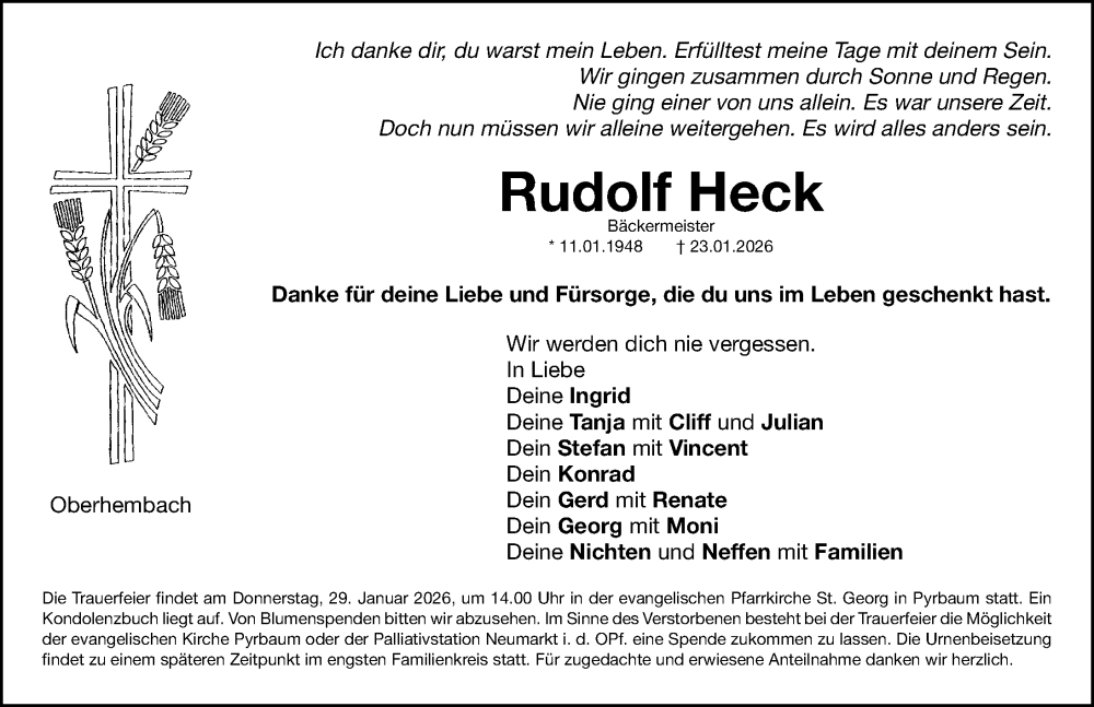  Traueranzeige für Rudolf Heck vom 27.01.2026 aus Neumarkter Nachrichten Lokal