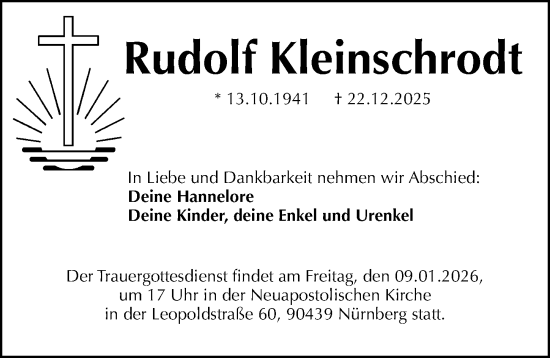 Traueranzeige von Rudolf Kleinschrodt von Gesamtausgabe Nürnberger Nachrichten/ Nürnberger Ztg.