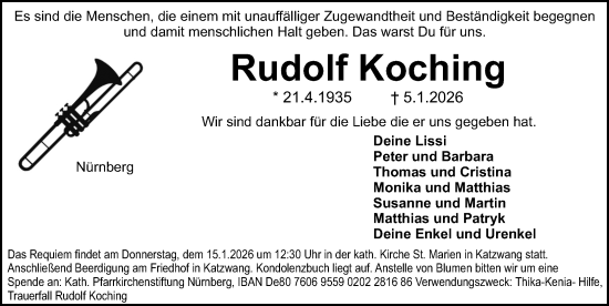 Traueranzeige von Rudolf Koching von Gesamtausgabe Nürnberger Nachrichten/ Nürnberger Ztg.